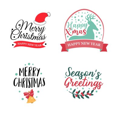 Dört tane Noel logosu ya da amblemi seti. Güzel bir çizgi film Noel ağacı. Vektör