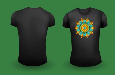 Siyah erkek tişörtü mandala ile gerçekçi bir şablon. Ön ve arka manzara. Vektör
