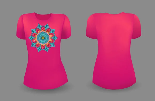 T shirt rossa femminile modello realistico con mandala. Vista anteriore e posteriore. Vettore — Vettoriale Stock