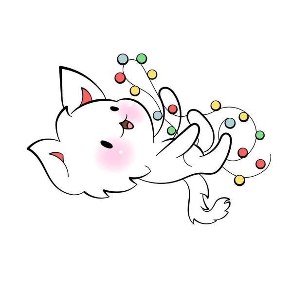 Gato kawaii de Navidad con luces de Año Nuevo. Animación navideña. Adhesivo vectorial para mensajero — Vector de stock