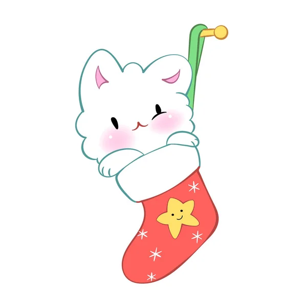 Vánoční kawaii kočka s ponožkou. Veselé svátky. Vektorová nálepka pro messenger — Stockový vektor