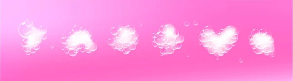 Seifenschaum Stücke mit Blasen isoliert auf rosa Hintergrund. Draufsicht auf funkelnde Shampoo- und Badeschaum-Wolken. Vektor. — Stockvektor