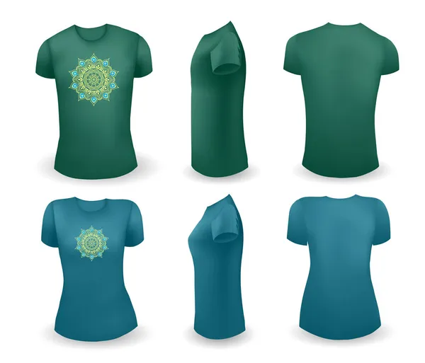 Verde maschio e blu femminile t shirt modello realistico con mandala. Vista frontale, laterale e posteriore. Vettore — Vettoriale Stock