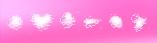 Piezas de espuma de jabón con burbujas aisladas sobre fondo rosa. Vista superior de champú espumoso y nubes de espuma de baño. Vector. — Archivo Imágenes Vectoriales