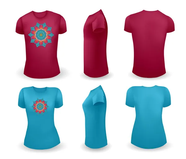 Dunkelrotes männliches und blaues weibliches T-Shirt realistische Vorlage mit Mandala. Vorder-, Seiten- und Rückansicht. Vektor — Stockvektor