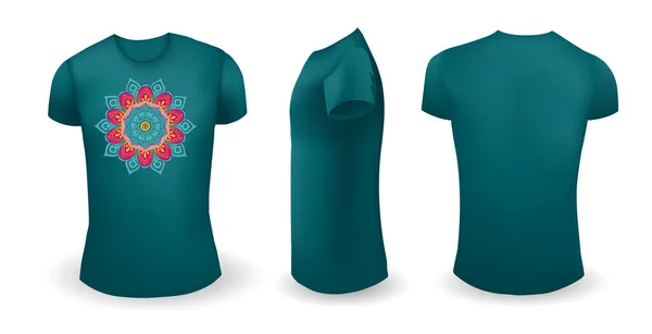 Green male t shirt with mandala. Front, back and side view. Vector — Stock Vector