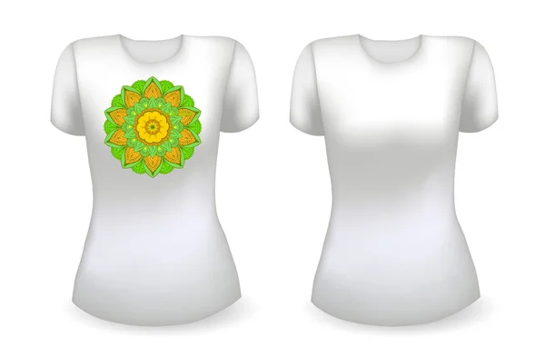 Branco t-shirt feminina branca modelo realista e t-shirt branca com mandala. Vetor — Vetor de Stock