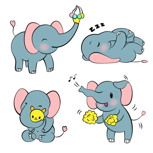 Adesivo emocional definido com elefante bonito. Estilo Kawaii. Cartoon emoji adesivo com elefantes em diferentes estados de humor. Ilustração vetorial. — Vetor de Stock
