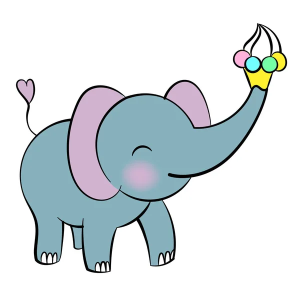 Pegatina emocional con elefante lindo. Al estilo Kawaii. Etiqueta emoji de dibujos animados con elefante feliz y helado. Ilustración vectorial. — Vector de stock