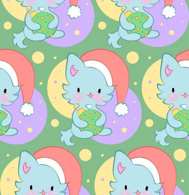 Kawaii tarzında şirin kedileri olan kusursuz bir süs. Vektör deseni. Mutlu Noeller kediler.