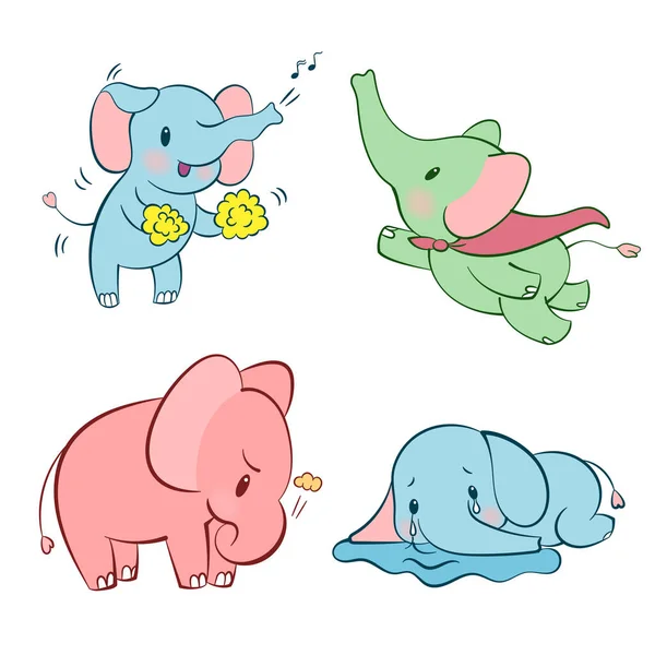 Adesivo emocional definido com elefante bonito em cores diferentes. Estilo Kawaii. Cartoon emoji adesivo com elefantes em diferentes estados de humor. Ilustração vetorial. — Vetor de Stock