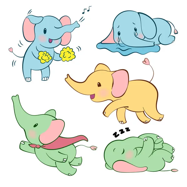 Adesivo emocional definido com elefante bonito em cores diferentes. Estilo Kawaii. Cartoon emoji adesivo com elefantes em diferentes estados de humor. Ilustração vetorial. — Vetor de Stock