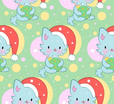 Kawaii tarzında şirin kedileri olan kusursuz bir süs. Vektör deseni. Mutlu Noeller kediler.