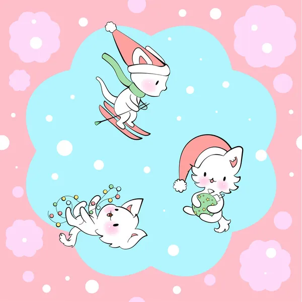 Ornement sans couture avec des chatons mignons dans le style kawaii. Modèle vectoriel. Joyeux Noël chats. — Image vectorielle