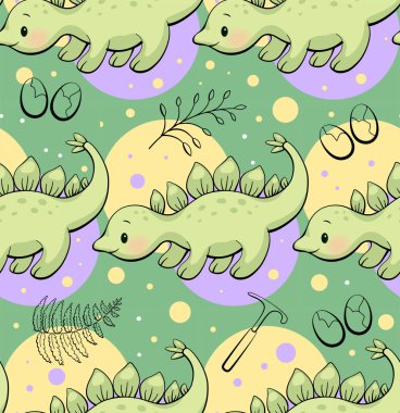 Şirin dinozorla kusursuz bir desen. Kawaii tarzında bir Stegosaurus. Vektör