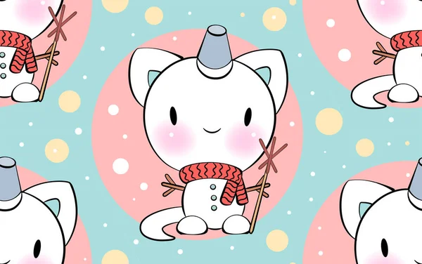 Безшовний орнамент з милим котячим сніговиком у стилі каваї. Векторний малюнок. Веселі різдвяні коти . — стоковий вектор