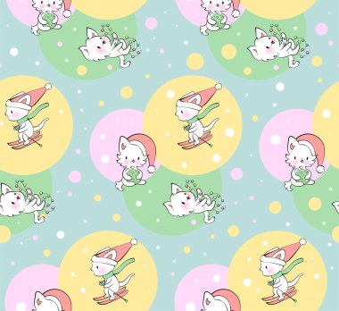 Kawaii tarzında şirin kedileri olan kusursuz bir süs. Vektör deseni. Mutlu Noeller kediler.