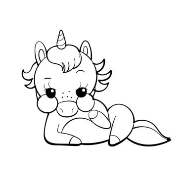 Şirin tek boynuzlu at vektör çıkartması tasarımı. Midilli çizgi filmi karakteri. Kawaii Tekboynuz emoji tasarımı.