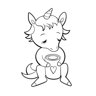 Şirin tek boynuzlu at vektör çıkartması tasarımı. Midilli çizgi filmi karakteri. Kawaii Tekboynuz emoji tasarımı.