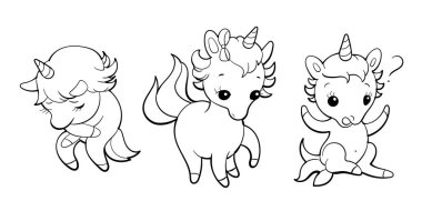 Kawaii tarzında şirin tek boynuzlu atlar. Çizgi film midillisi çıkartması tasarımı. Vektör emoji.