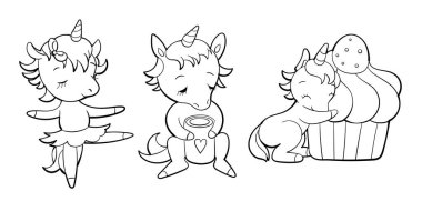 Kawaii tarzında şirin tek boynuzlu atlar. Çizgi film midillisi çıkartması tasarımı. Vektör emoji.