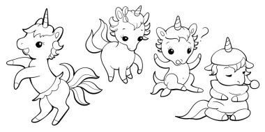 Kawaii tarzında şirin tek boynuzlu atlar. Çizgi film midillisi çıkartması tasarımı. Vektör emoji.