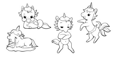 Kawaii tarzında şirin tek boynuzlu atlar. Çizgi film midillisi çıkartması tasarımı. Vektör emoji.