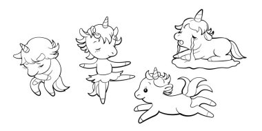 Kawaii tarzında şirin tek boynuzlu atlar. Çizgi film midillisi çıkartması tasarımı. Vektör emoji.