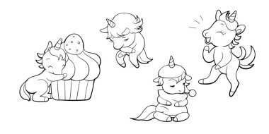 Kawaii tarzında şirin tek boynuzlu atlar. Çizgi film midillisi çıkartması tasarımı. Vektör emoji.