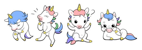 Set of cute unicorns in kawaii style. Cartoon pony sticker design. Vector emoji. — Stock Vector