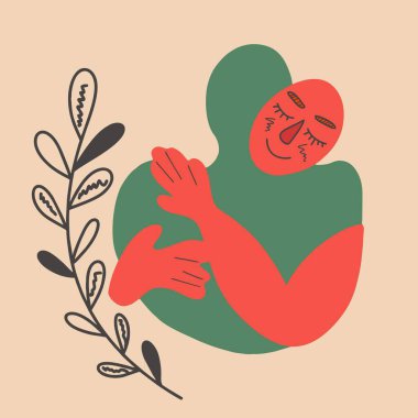 Sarılmalı vektör illüstrasyonu, karalama çiçekli elementler. Tatil, Sevgililer Günü, 14 Şubat. İki kişilik şirin ve komik bir baskı tasarımı. Modaya uygun düz el çizimi çizgi film baskısı..