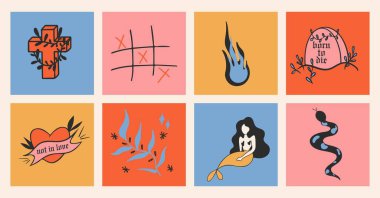 El çizimi soyut şekiller, poster seti. Vektör çizimleri, çizgi film tarzı, düz tasarım. Tüm elementler izole edildi. Kare posterler, logo şablonları.