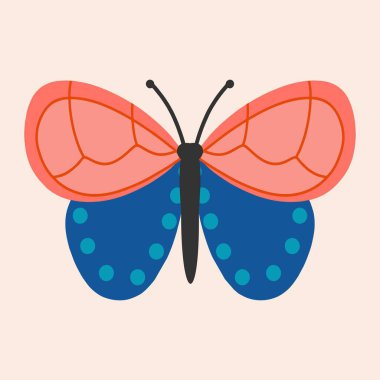 Pembe ve mavi kanatlı kelebek. Vektör illüstrasyonu, düz tasarım, el çizimi çizgi film.