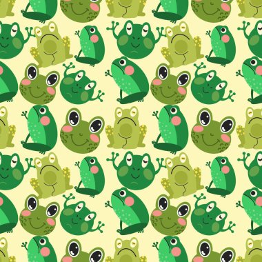 Hafif arka planda çeşitli kurbağalar. Kusursuz desen, süs, düz dizayn, çizgi film. Vektör çizimi. Kağıt ve tekstil üzerine yazdırma şablonu.