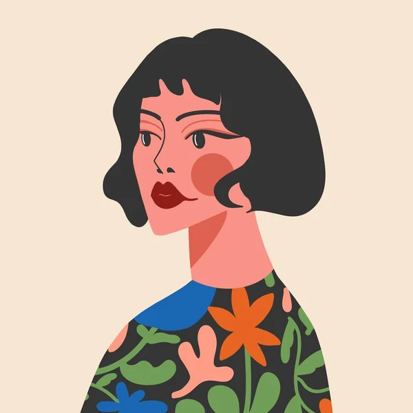 Çiçekli bluz içinde kısa saçlı, güzel bir kadının portresi. Düz tasarım, el çizimi karikatür, vektör çizimi.