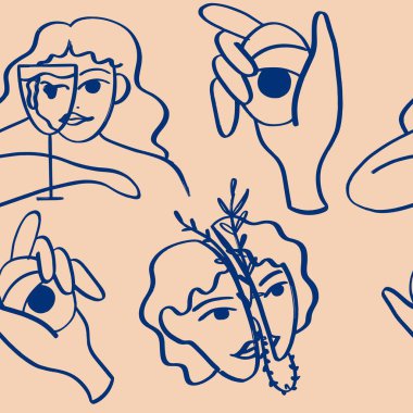 Soyut yüz çiziyorum, kızım, el. Kusursuz desenler. Modern minimalist sanat, estetik taslak. Vektör insan grubu. El çizimi, kalem..