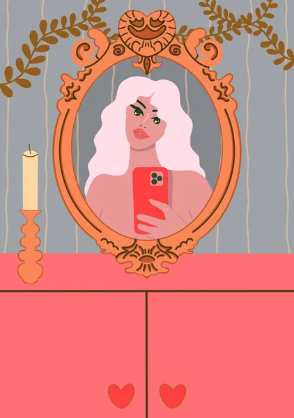 Elegante Chica Hermosa Hace Una Selfie Espejo Redondo Reflexión Espejo — Vector de stock