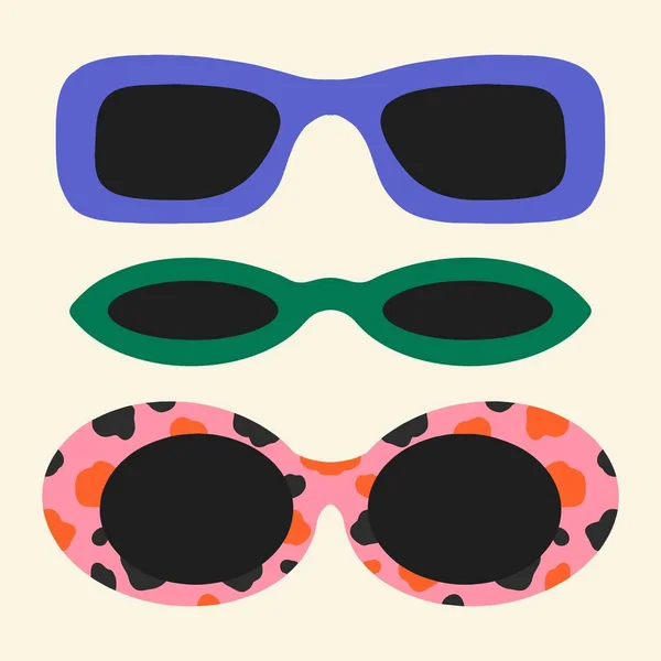 A set of sunglasses. Retro framed sunglasses, vintage fashion. Flat design, hand drawn cartoon, vector illustration. Template for printing. — Stock Vector