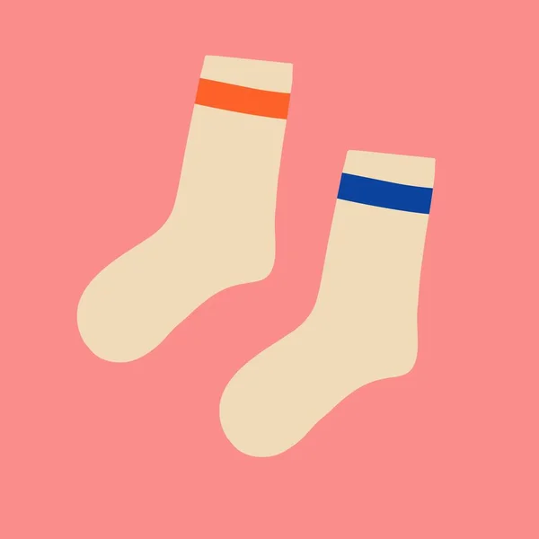 Beige socks with blue and red stripes on a pink background. Wardrobe item, underwear. Flat design, hand drawn cartoon, vector illustration. Template for printing. — Stock Vector