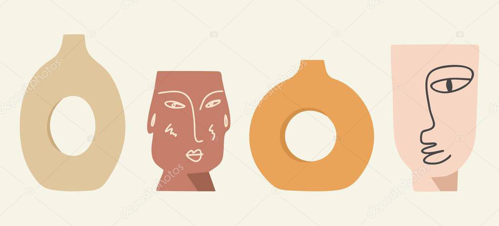 Boho ceramic vases in trendy minimalist style. Flat design, hand drawn cartoon, vector illustration. Template for printing.
