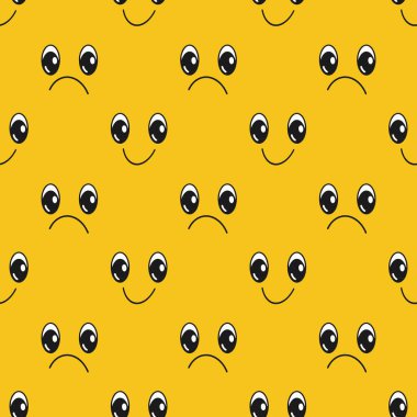 Sarı arka planda duyguları olan duygusallar, kusursuz desenler. Düz tasarım, vektör çizimi, el çizimi karikatür.