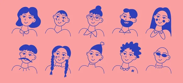 Pembe arka planda kadınlar ve erkekler için özel simgeler. Düz tasarım, karikatür el çizimi, vektör illüstrasyonu.