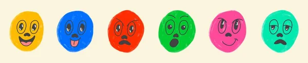 Στρογγυλή Αφηρημένη Κόμικς Πρόσωπα Διάφορα Συναισθήματα Στυλ Σχεδίου Κραγιόν Διαφορετικοί — Διανυσματικό Αρχείο