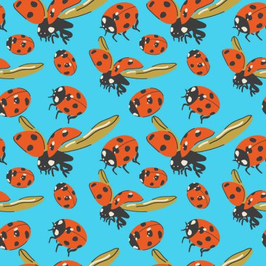 Uğur böcekleri dekorasyon, ambalaj ve tekstil için kusursuz desen. Düz dizayn, elle çizilmiş karikatür..