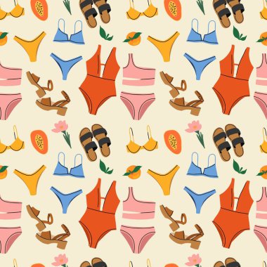 Yaz özelliklerinin kusursuz deseni. Çeşitli mayo, ayakkabı ve bitkiler. Düz tasarım, el çizimi karikatür, vektör çizimi.