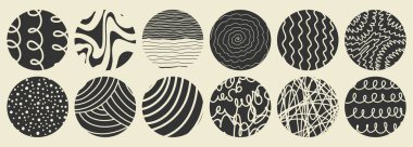 Soyut renkli arka plan ya da desenler dizisi. El çizimi karalama şekilleri. Noktalar, damlalar, kıvrımlar, çizgiler. Modern moda Vektör illüstrasyonu. Posterler, Sosyal medya simgeleri şablonları.