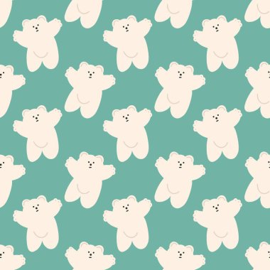 Mavi arka planda beyaz sevimli ayılar, pürüzsüz desenler, süsler. Modern moda vektör çizimi. Kağıt ve tekstil üzerine yazdırma şablonu.