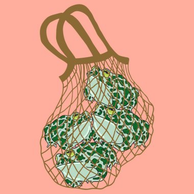 İp torbasındaki kurbağalar, komik bir görüntü. El çizimi karikatür, düz tasarım. Vektör grafikleri.