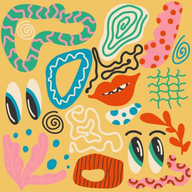 Çeşitli şekiller ve karalama nesneleri çizdim. Soyut modern trend vektör çizimi. Kusursuz desen. Her desen izole edilmiş.