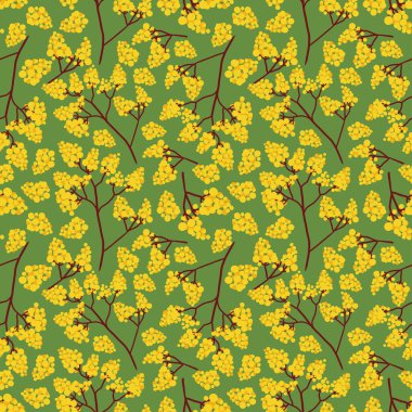 Yeşil arka planda reçel çiçekleri. Kusursuz desen, vektör çizimi. Düz dizayn, elle çizilmiş karikatür..